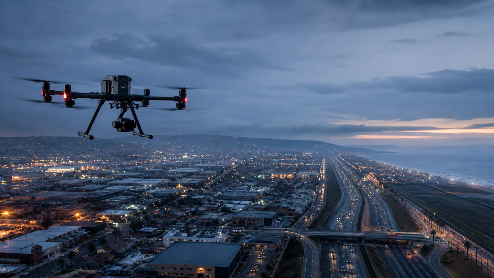 Drone sobre infraestructura urbana al amanecer